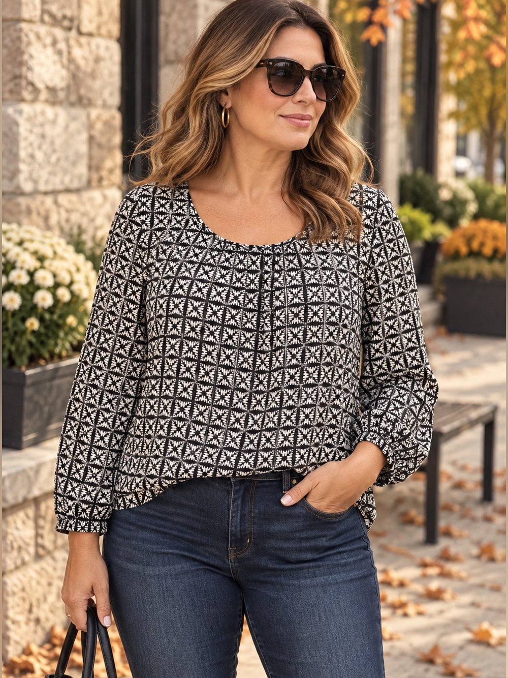 J.Crew Navy White Geometric Floral Print Blouse Top Size L